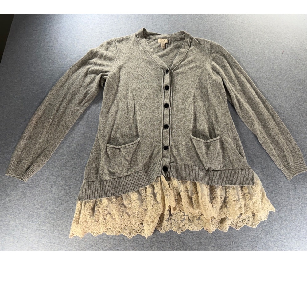 LOGO by Lori Goldstein Gray Lace Hem Cardigan Sweater Linen Blend Sz S